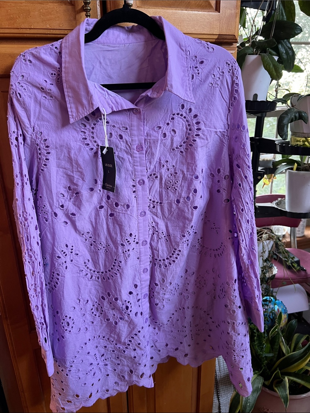 Chartou Long Lavender Eyelet Button-Down Shirt, Dress, Swim Cover Up Sz Large